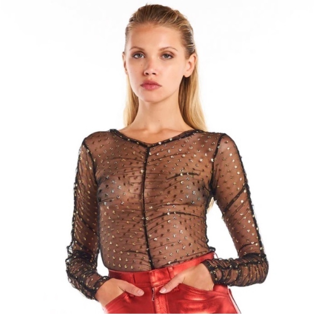 SPRWMN NWT Sheer Black  top with gold  polka dot detail  -Sm